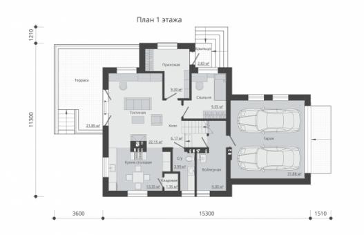 Одноэтажный дом с мансардой, гаражом на две машины, террасой и балконом